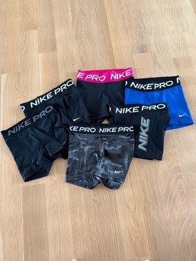 Nike pro shorts 3”- lot of six adult XS. Black, Blue, Pink Waistband, Camo